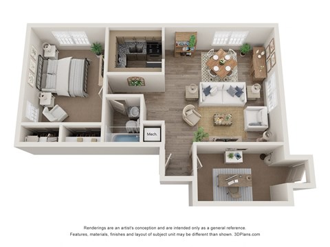 a stylized floor plan with a bedroom and living room